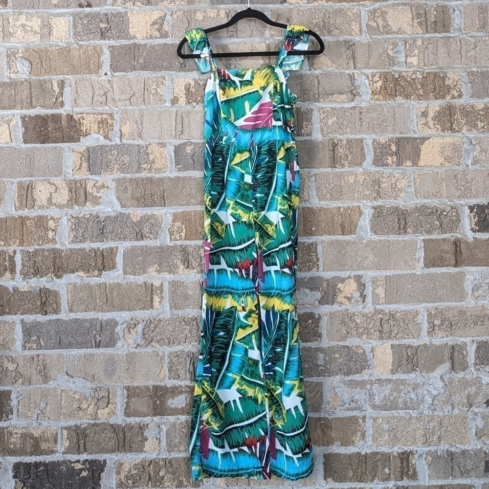 Xhilaration Tropical Monstera Leaves Wide Leg Jumpsuit Linen Size XS